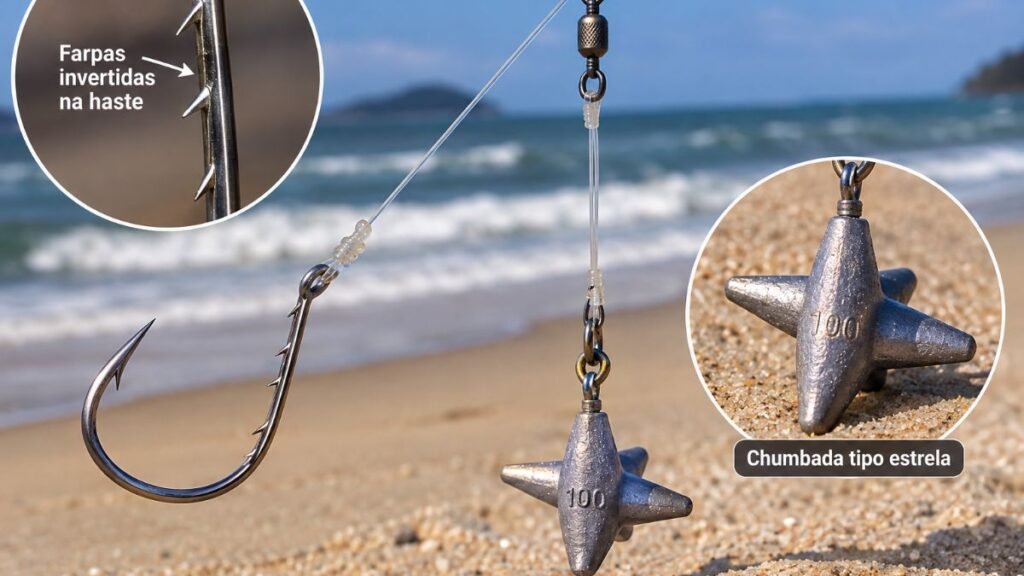 anzol pesca de praia terminal montado chumbada