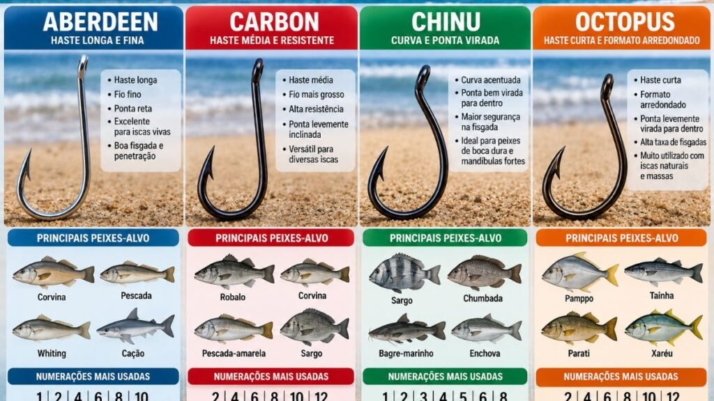 comparação anzol pesca de praia espécies alvo